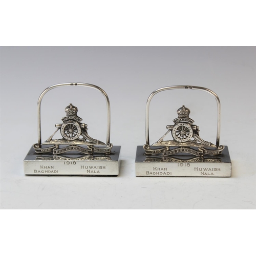 42 - MILITARY INTEREST: A pair of silver Royal Artillery menu/place card holders, Goldsmiths & Silversmit... 
