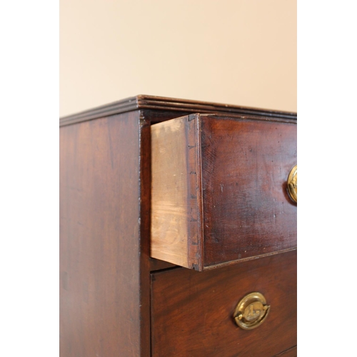 560 - An early 19th century mahogany chest of drawers, formed as three drawers set with oval brass handles... 