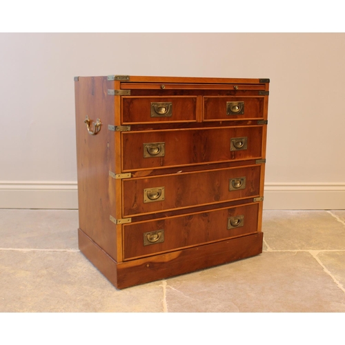 569 - A 19th century style yew wood veneered campaign type chest, late 20th century, with a skiver inset s... 