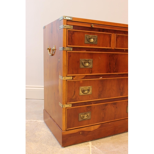 569 - A 19th century style yew wood veneered campaign type chest, late 20th century, with a skiver inset s... 