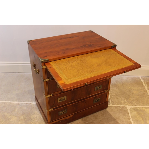 569 - A 19th century style yew wood veneered campaign type chest, late 20th century, with a skiver inset s... 