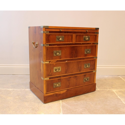 569 - A 19th century style yew wood veneered campaign type chest, late 20th century, with a skiver inset s... 