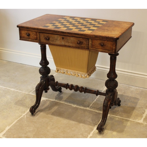 572 - A Victorian burr walnut sewing and games table combined, the rectangular top centred with an inlaid ... 