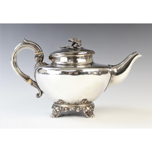 58 - A Victorian silver teapot, John Tapley, London 1844, of compressed ovoid shape, raised on bracket fe... 