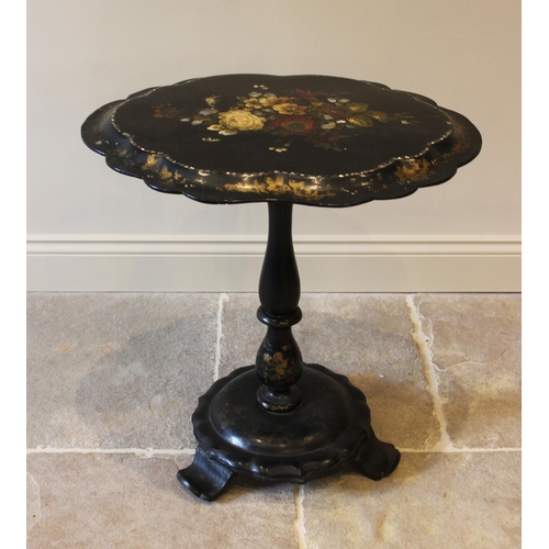 586 - A Victorian papier mache pedestal occasional table, the oval tilt top with a scalloped rim, centred ... 