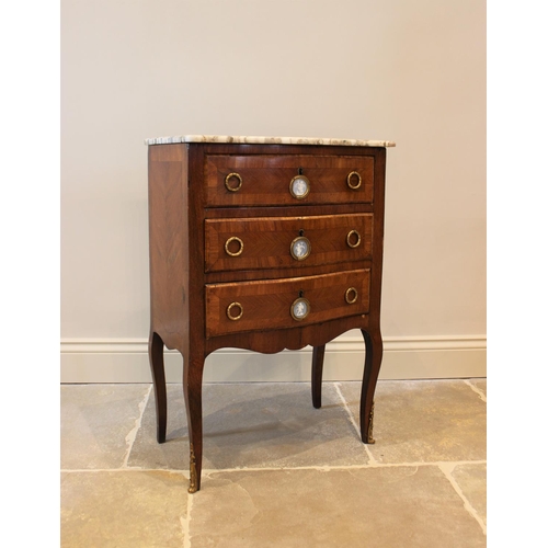 590 - A Louis XV style kingwood marble top washstand, late 19th century, the three drawers applied with ja... 