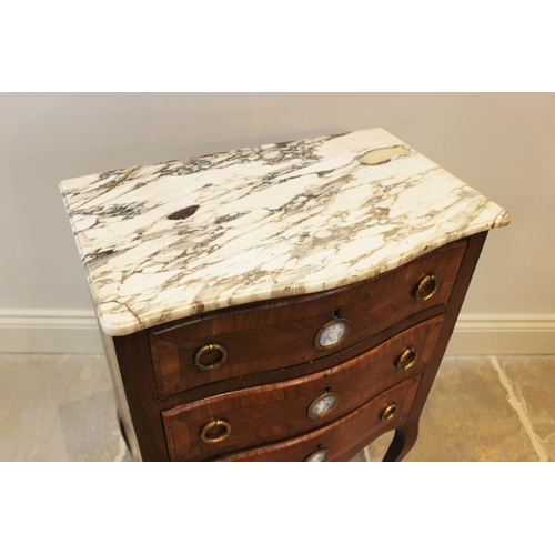 590 - A Louis XV style kingwood marble top washstand, late 19th century, the three drawers applied with ja... 