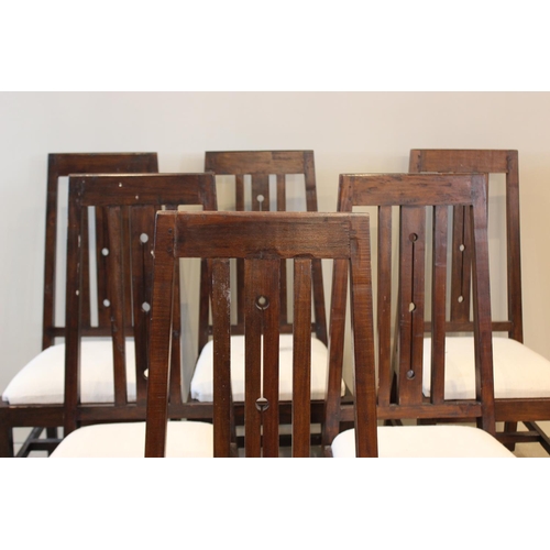 620 - A set of six Rennie Mackintosh style stained hardwood dining chairs, late 20th century, the vertical... 