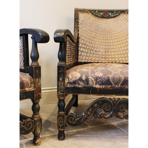 621 - A pair of early 20th century chinoiserie bergere armchairs, the rattan back above a sprung seat encl... 