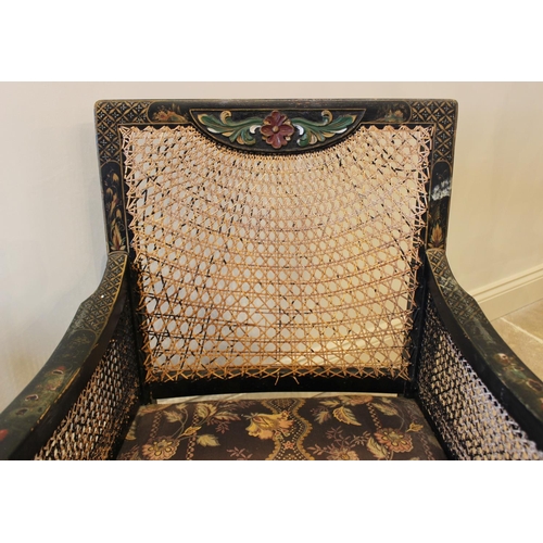 621 - A pair of early 20th century chinoiserie bergere armchairs, the rattan back above a sprung seat encl... 