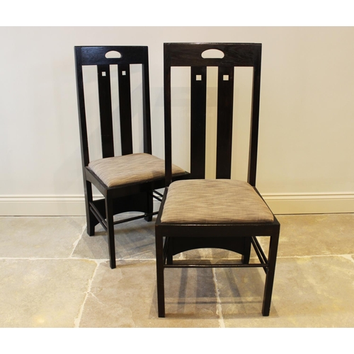 633 - A set of six Mackintosh style Arts & Crafts stained oak dining chairs, late 20th century, each with ... 