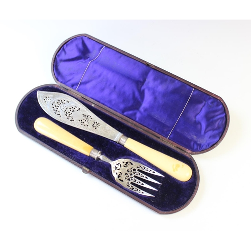 66 - A cased silver bladed, fish serving set, Harrison Brothers & Howson, Sheffield 1878, each piece with... 