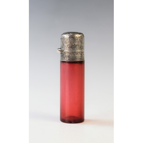 83 - A Victorian ruby glass and silver mounted scent bottle, possibly Birmingham 1892, (maker's mark worn... 