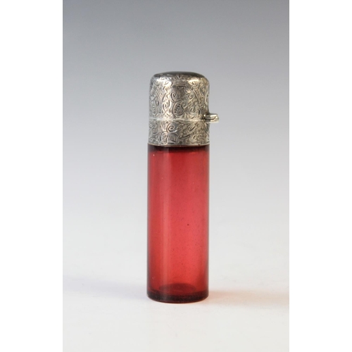 83 - A Victorian ruby glass and silver mounted scent bottle, possibly Birmingham 1892, (maker's mark worn... 