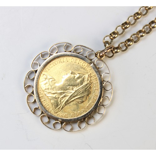 137 - A Victorian sovereign, dated 1893, set to a 9ct gold scrolling pendant mount, weight 10.gms, attache... 