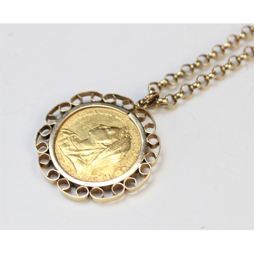 137 - A Victorian sovereign, dated 1893, set to a 9ct gold scrolling pendant mount, weight 10.gms, attache... 