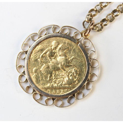 137 - A Victorian sovereign, dated 1893, set to a 9ct gold scrolling pendant mount, weight 10.gms, attache... 