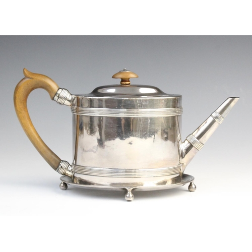 1 - A George III silver teapot and stand, Henry Green London 1787, the teapot of oval form with reeded b... 