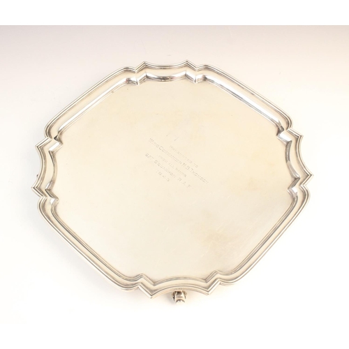 102 - R.A.F INTEREST: A George V silver presentation salver by Adie Brothers, Birmingham 1941, of square f... 