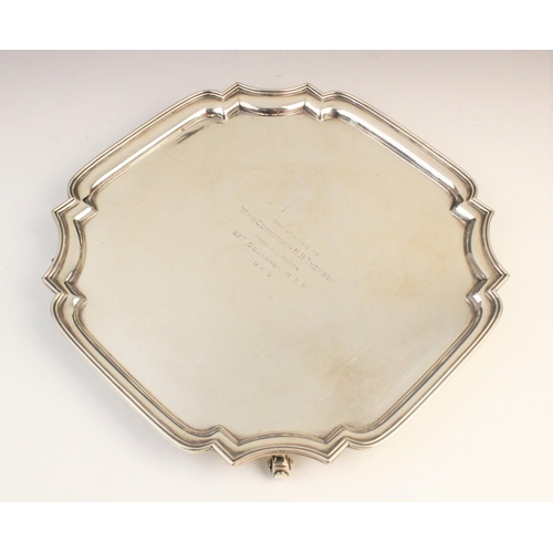 102 - R.A.F INTEREST: A George V silver presentation salver by Adie Brothers, Birmingham 1941, of square f... 