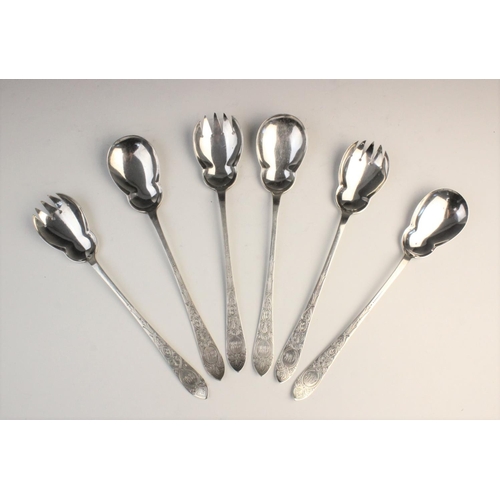 105 - Three pairs of Victorian silver salad servers by Walker & Hall, Sheffield 1897, each with bright cut... 