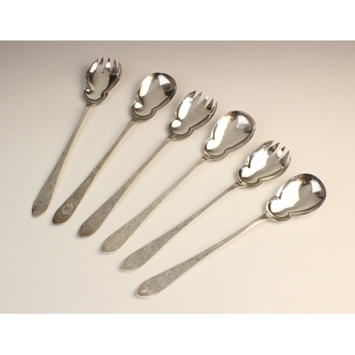 105 - Three pairs of Victorian silver salad servers by Walker & Hall, Sheffield 1897, each with bright cut... 