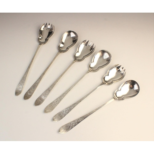 105 - Three pairs of Victorian silver salad servers by Walker & Hall, Sheffield 1897, each with bright cut... 