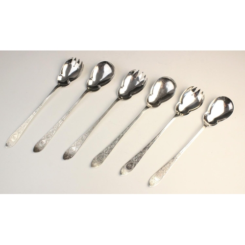 105 - Three pairs of Victorian silver salad servers by Walker & Hall, Sheffield 1897, each with bright cut... 