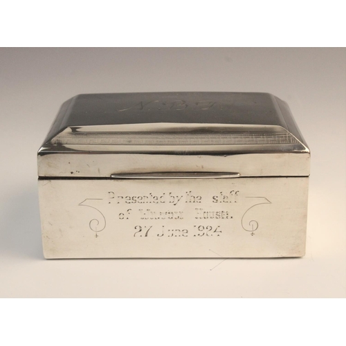 111 - A George V silver cigarette box by F H Adams & Co, Birmingham 1922, of rectangular form with engine ... 