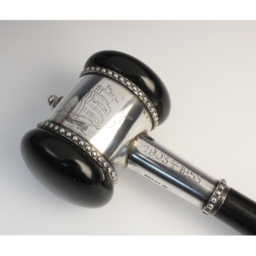 119 - A mid-twentieth century ebonised presentation gavel, plain polished with white metal mounts and bead... 