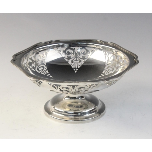 27 - An Art Deco silver bon-bon dish by Walker & Hall, Sheffield 1923, of hexagonal form with pierced dec... 