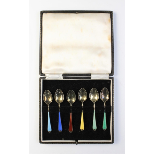 36 - A cased set of six silver gilt and enamel teaspoons by Adie Brothers, Birmingham 1958, each 9.1cm lo... 