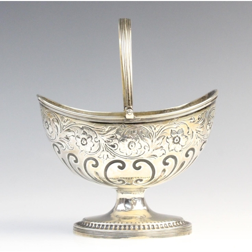 46 - A George III silver swing-handled sweetmeat basket by Crispin Fuller, London 1794, of oval form on p... 