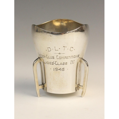 55 - An Irish silver miniature trophy cup by T Weir & Sons, Dublin 1945, of tapered form with waved borde... 