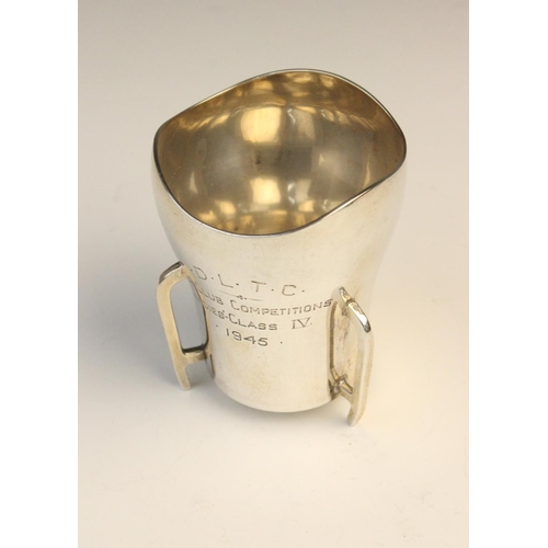 55 - An Irish silver miniature trophy cup by T Weir & Sons, Dublin 1945, of tapered form with waved borde... 