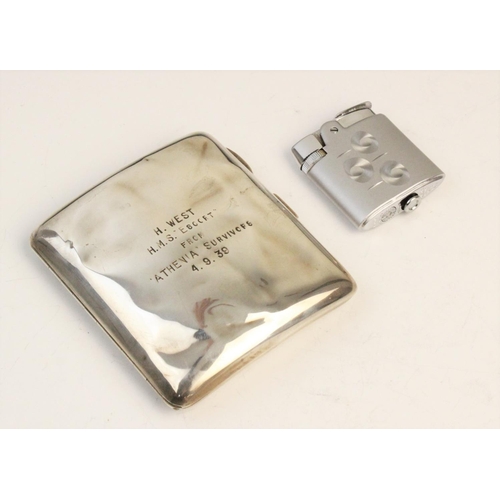 71 - WORLD WAR II NAVAL INTEREST: A silver cigarette case 
by Page, Keen & Page, Birmingham 1939, inscrib... 