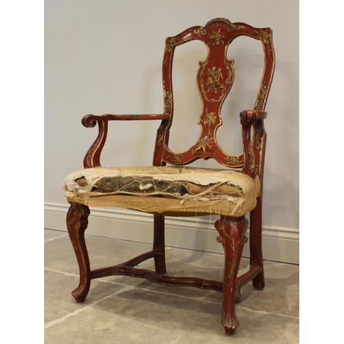 739 - An 18th century, Chinoiserie influence, scarlet Japanned elbow-chair, in the manner of Giles Grendey... 