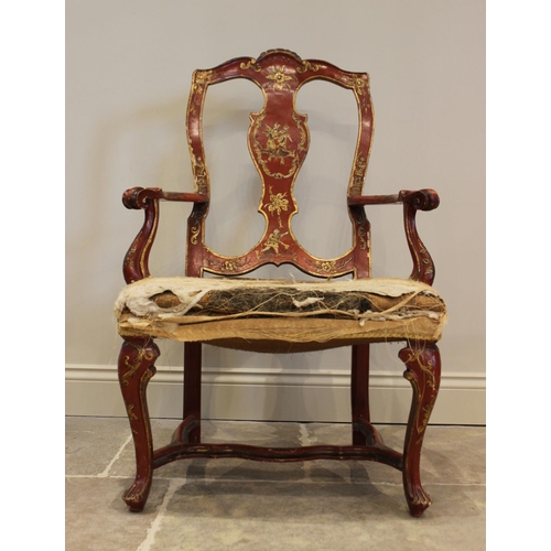 739 - An 18th century, Chinoiserie influence, scarlet Japanned elbow-chair, in the manner of Giles Grendey... 