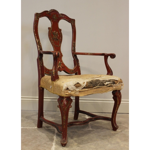 739 - An 18th century, Chinoiserie influence, scarlet Japanned elbow-chair, in the manner of Giles Grendey... 