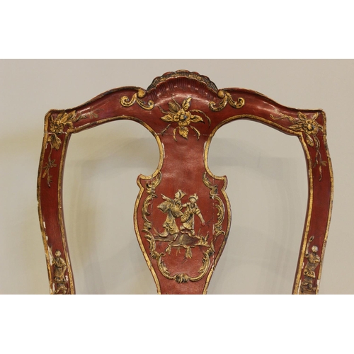 739 - An 18th century, Chinoiserie influence, scarlet Japanned elbow-chair, in the manner of Giles Grendey... 