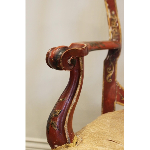 739 - An 18th century, Chinoiserie influence, scarlet Japanned elbow-chair, in the manner of Giles Grendey... 