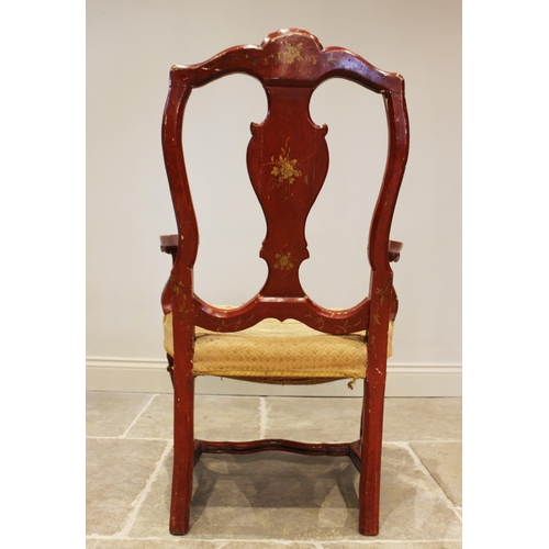 739 - An 18th century, Chinoiserie influence, scarlet Japanned elbow-chair, in the manner of Giles Grendey... 