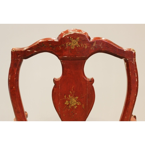 739 - An 18th century, Chinoiserie influence, scarlet Japanned elbow-chair, in the manner of Giles Grendey... 