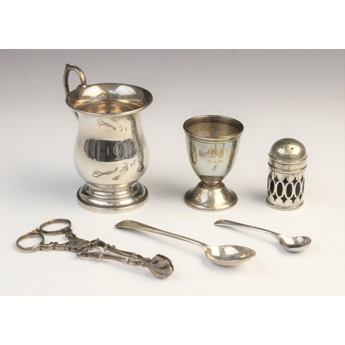 74 - A selection of silver tableware, to include a silver christening cup by Bishton's Ltd, Birmingham 19... 