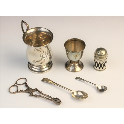 74 - A selection of silver tableware, to include a silver christening cup by Bishton's Ltd, Birmingham 19... 