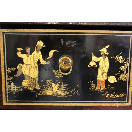 742 - A Chinoiserie lacquered cabinet on stand, 17th/18th century, the painted European wood and gesso Roc... 