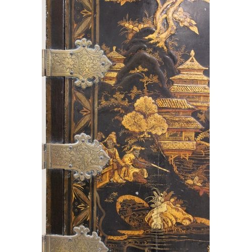 742 - A Chinoiserie lacquered cabinet on stand, 17th/18th century, the painted European wood and gesso Roc... 