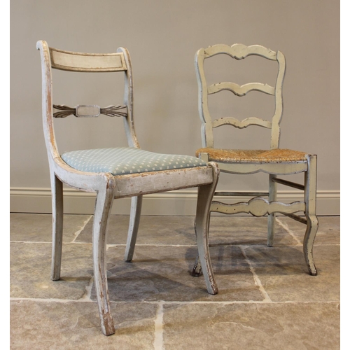 760 - A painted French style rush seated ladder back kitchen chair, 93cm high, along with a painted Regenc... 