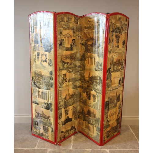 777 - A 20th century four panel scrap screen, each arched panel applied with fruit and vegetable related s... 