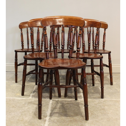 778 - A set of six stained beech country kitchen spindle back chairs, solid seats and rail back, 90cm high... 